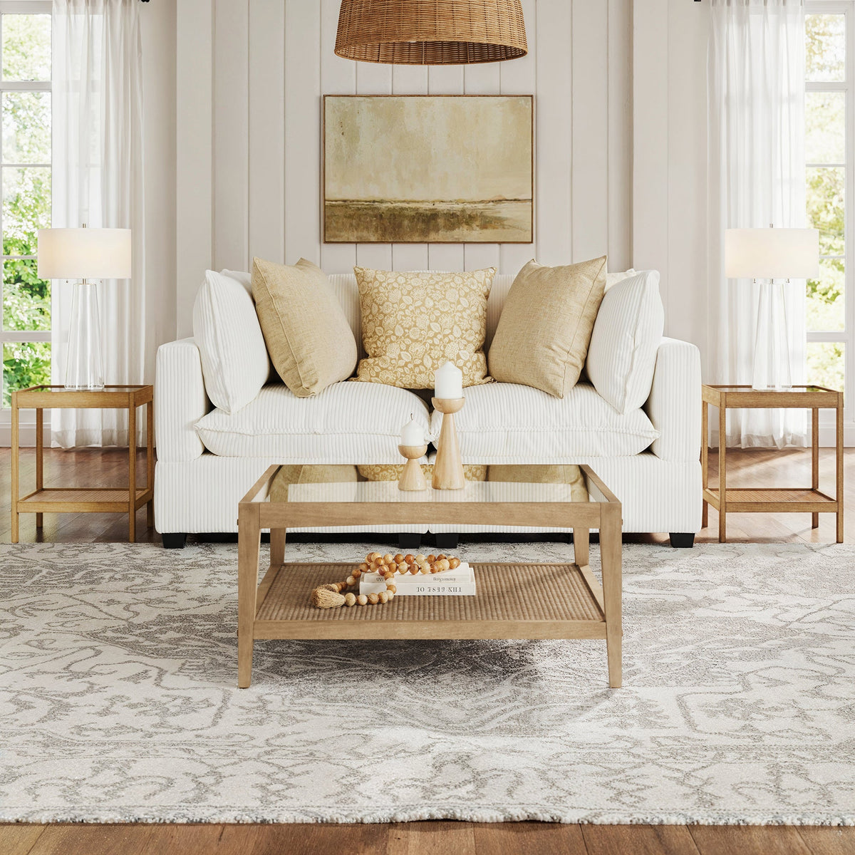 Glass 3-Piece Coffee Table Living Room Set with Rattan Shelf