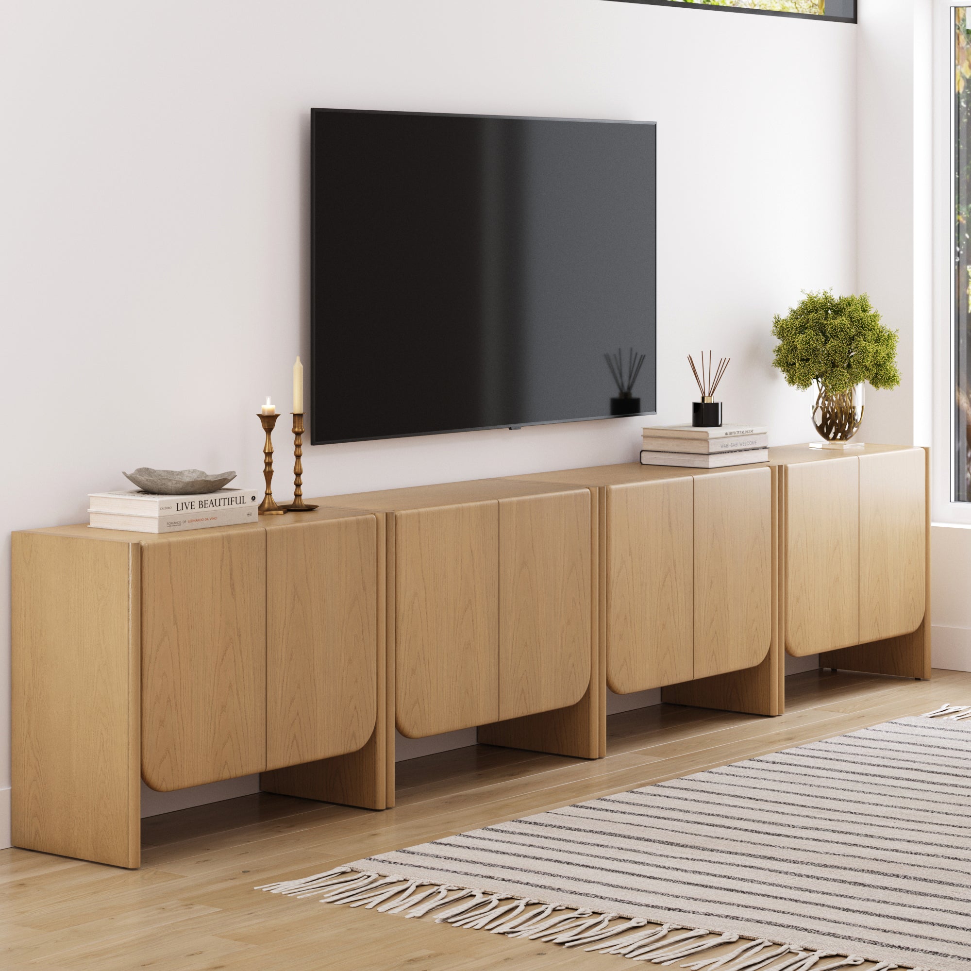 Rounded Wood Accent Cabinet or Large Credenza Raw Oak (Set of 4)