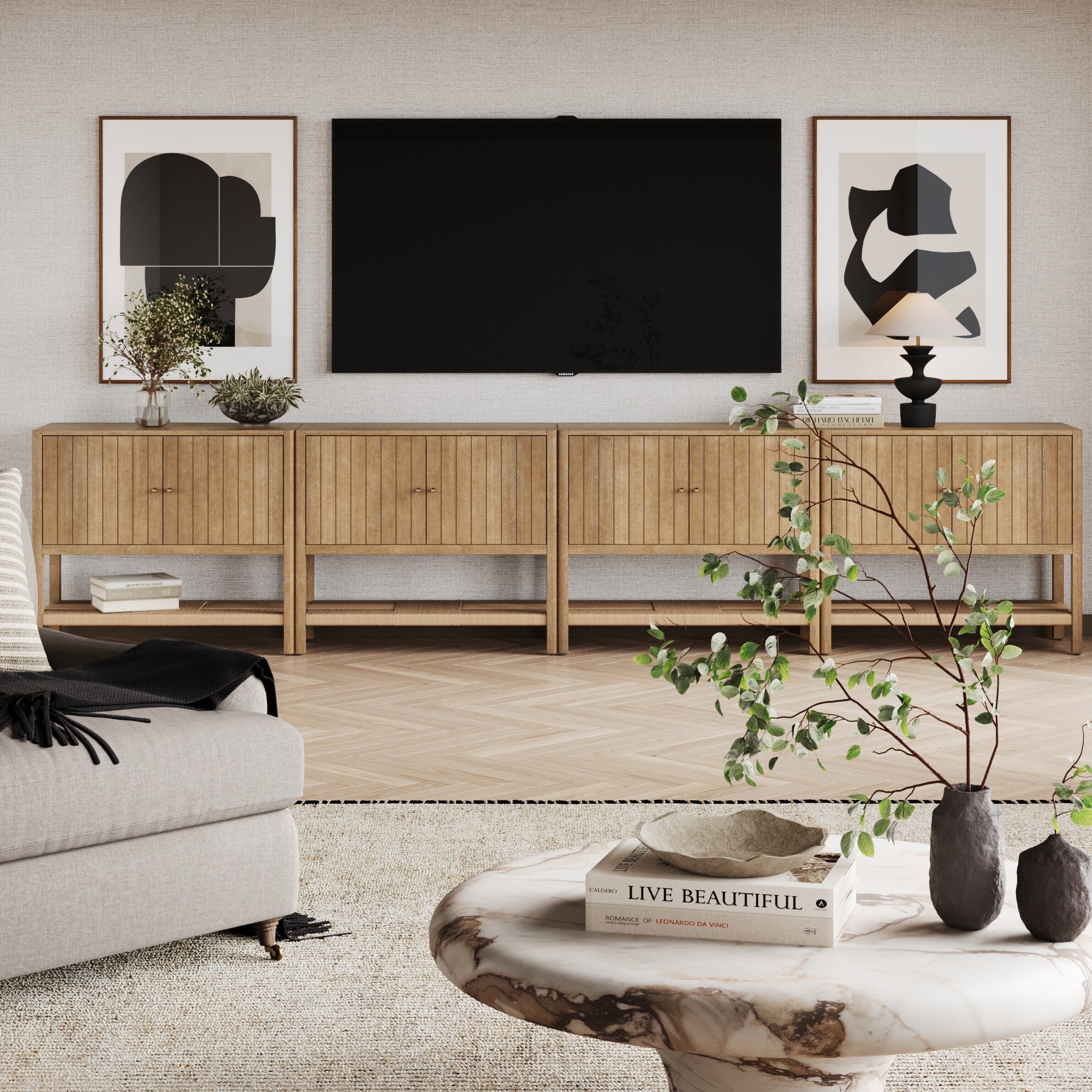 Grooved Door Credenza TV Stand Storage Cabinet Light Brown (Set of 4)