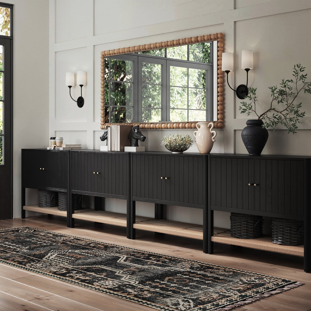 Grooved Door Credenza TV Console Black Oak (Set of 4)