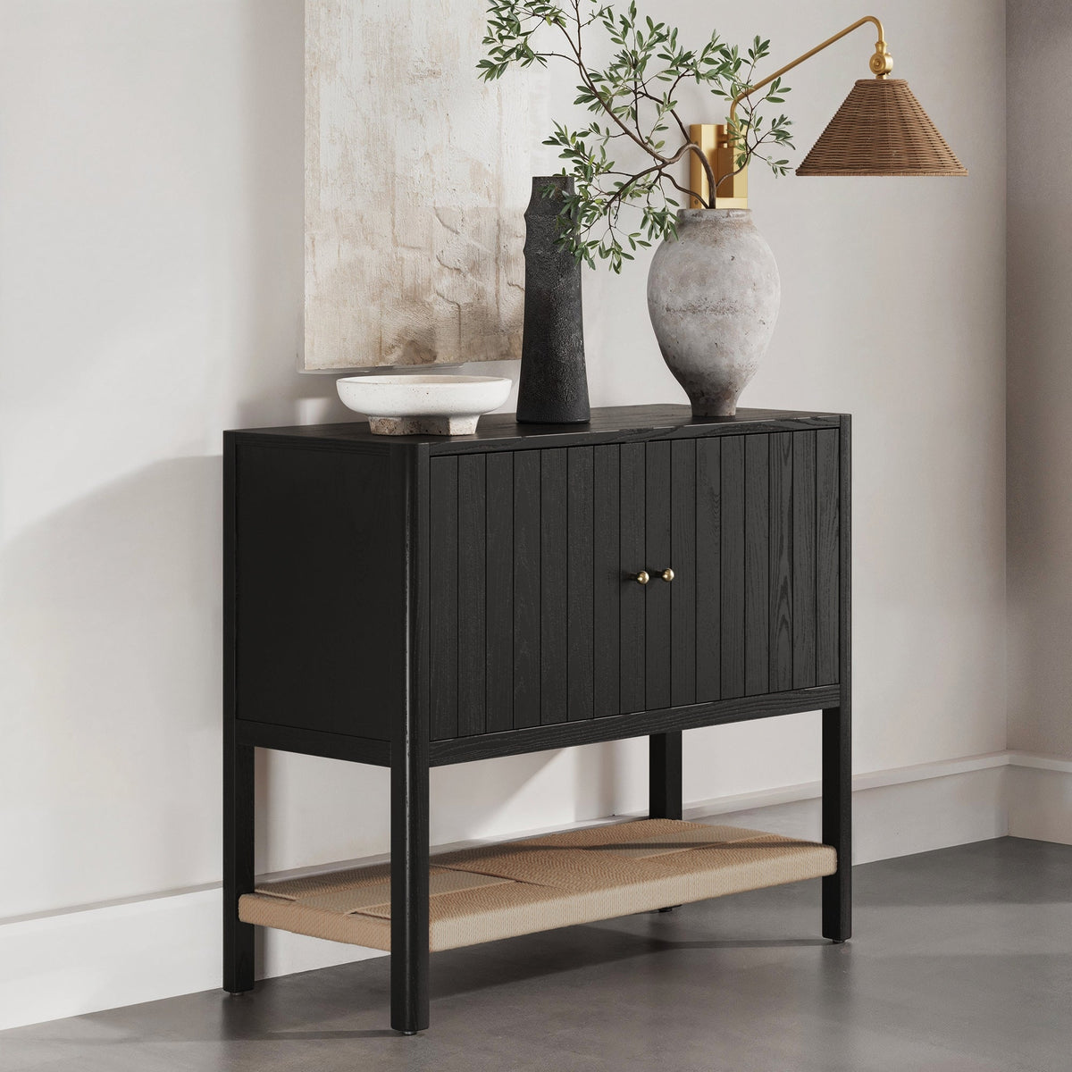 Mid-Century Grooved Door Storage Cabinet Black Oak
