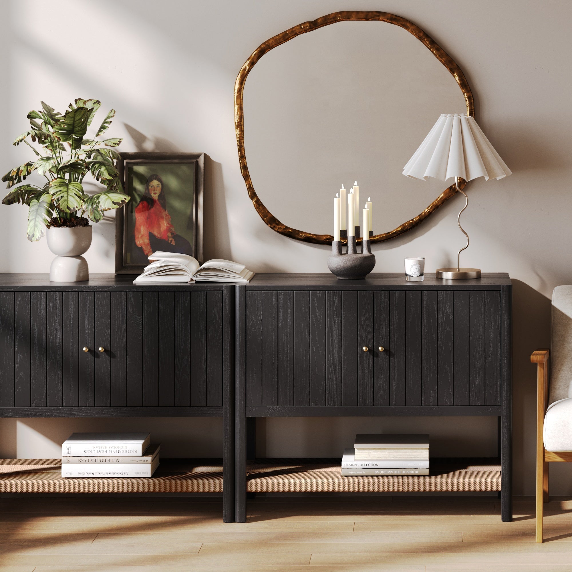Mid-Century Grooved Door Storage Cabinet Black Oak