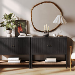 Mid-Century Grooved Door Storage Cabinet Black Oak