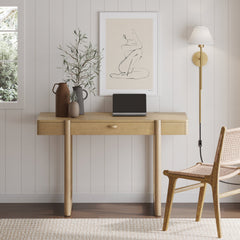 Solid Wood Desk with Drawer & Rounded Legs Light Brown