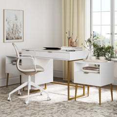 Fluted Desk & 2 Nightstands Bedroom Vanity Set