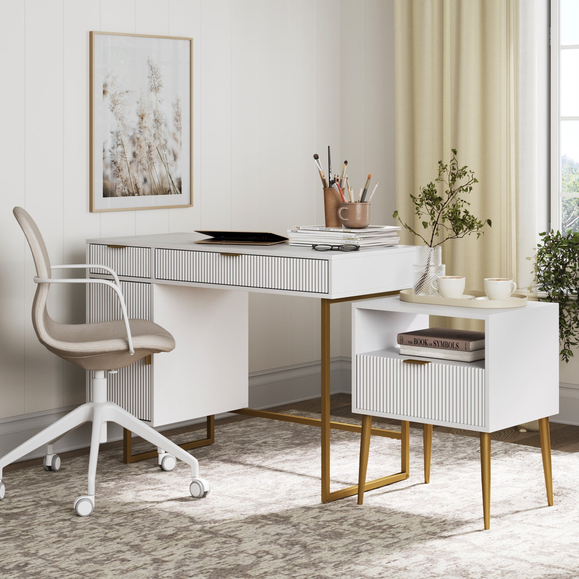 Fluted Desk & Nightstand Bedroom Vanity Set