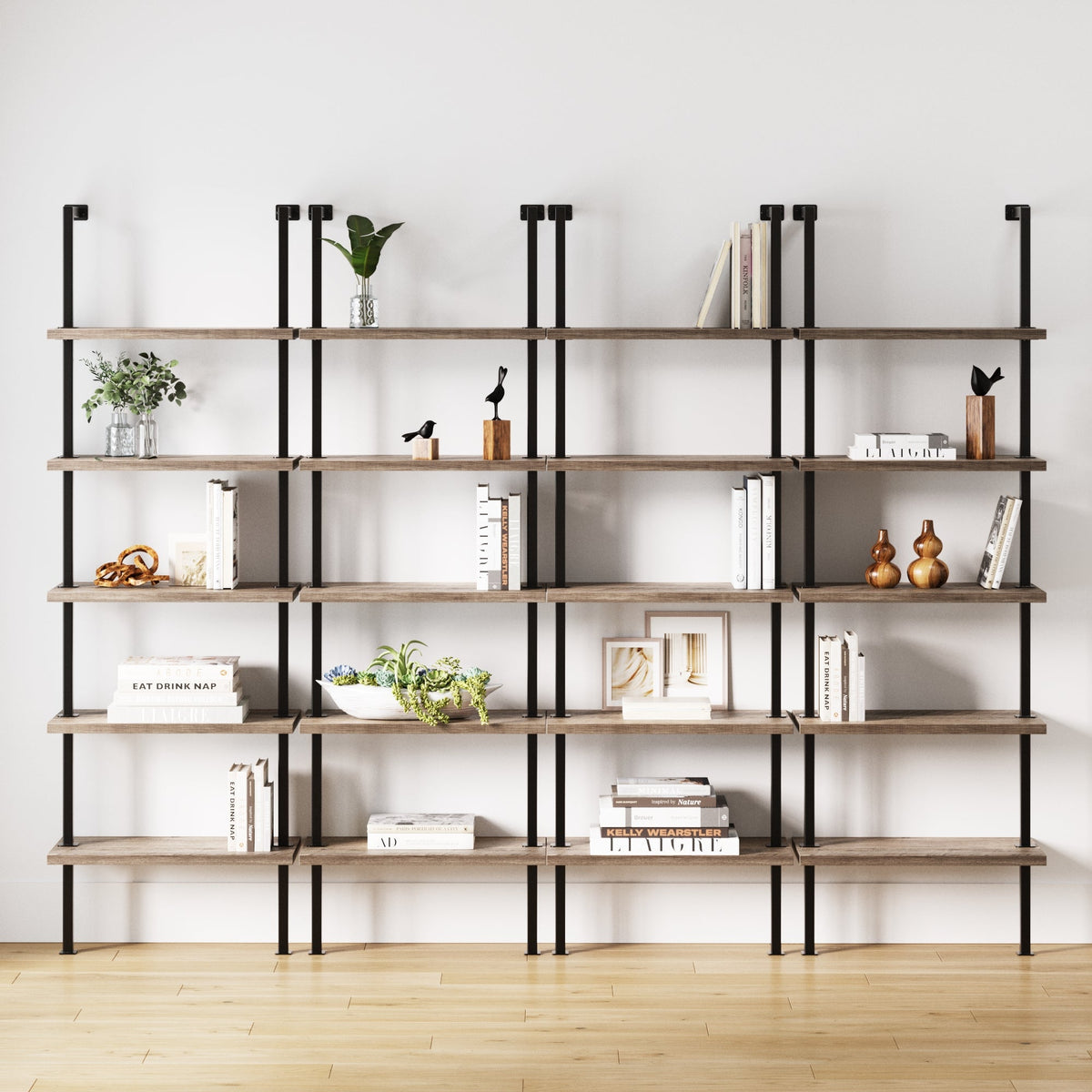 5-Shelf Ladder Bookshelf Gray Oak (Set of 4)