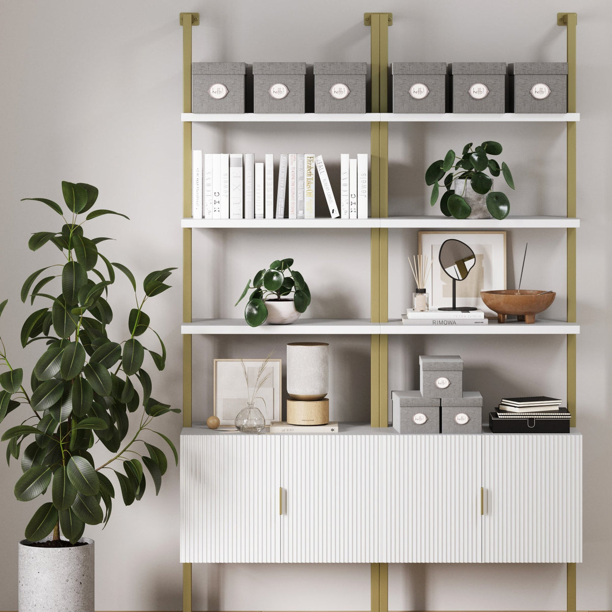Mid-Century Fluted Wall Bookshelves with Doors (Set of 2)