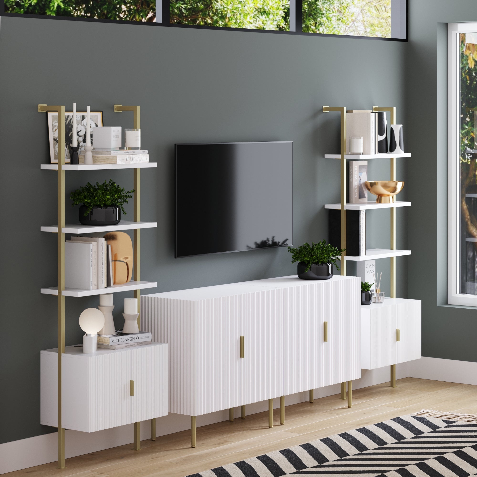 Mid-Century Fluted Wall Bookshelves with Doors (Set of 2)