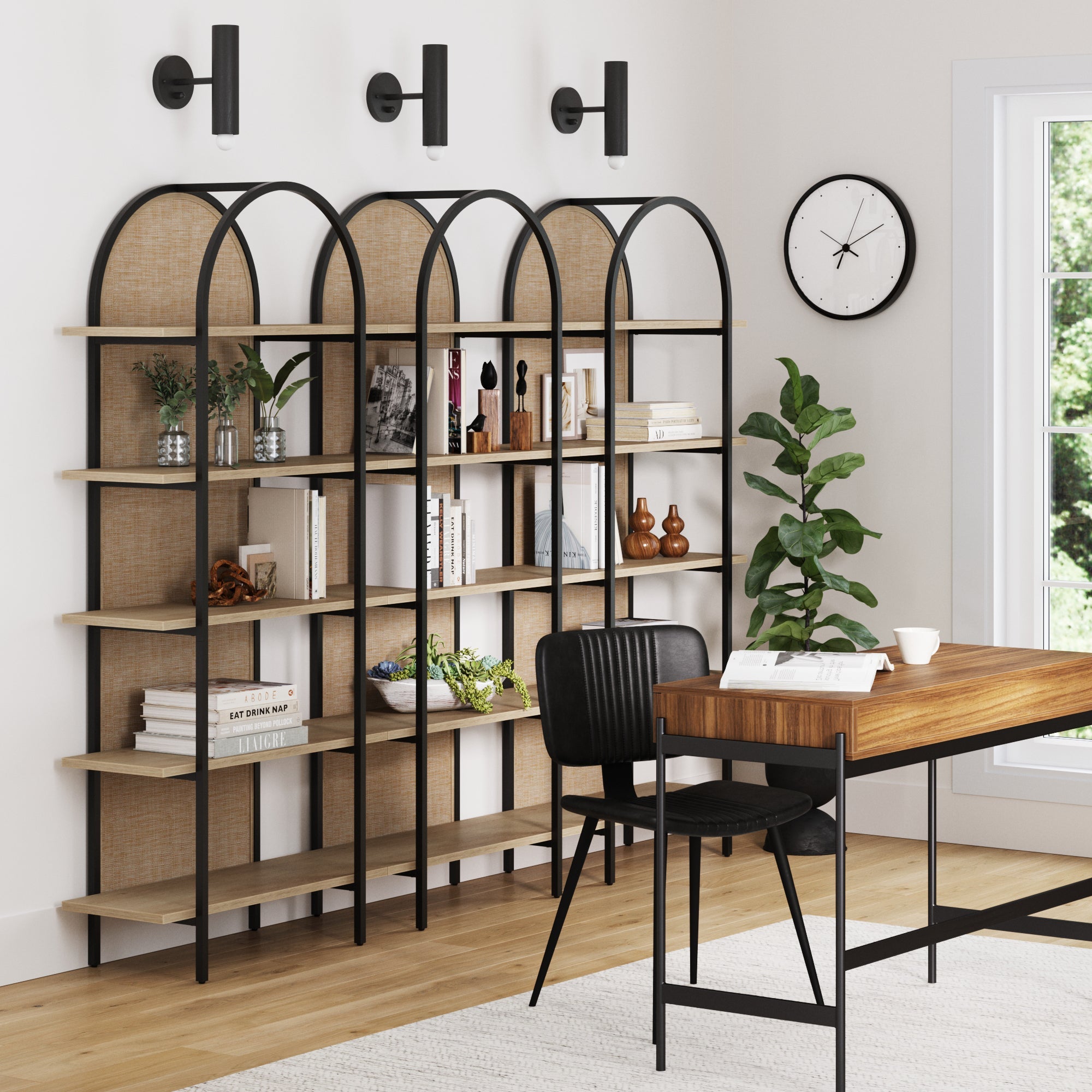 Boho Rattan & Wood Arched Bookshelves (Set of 3)