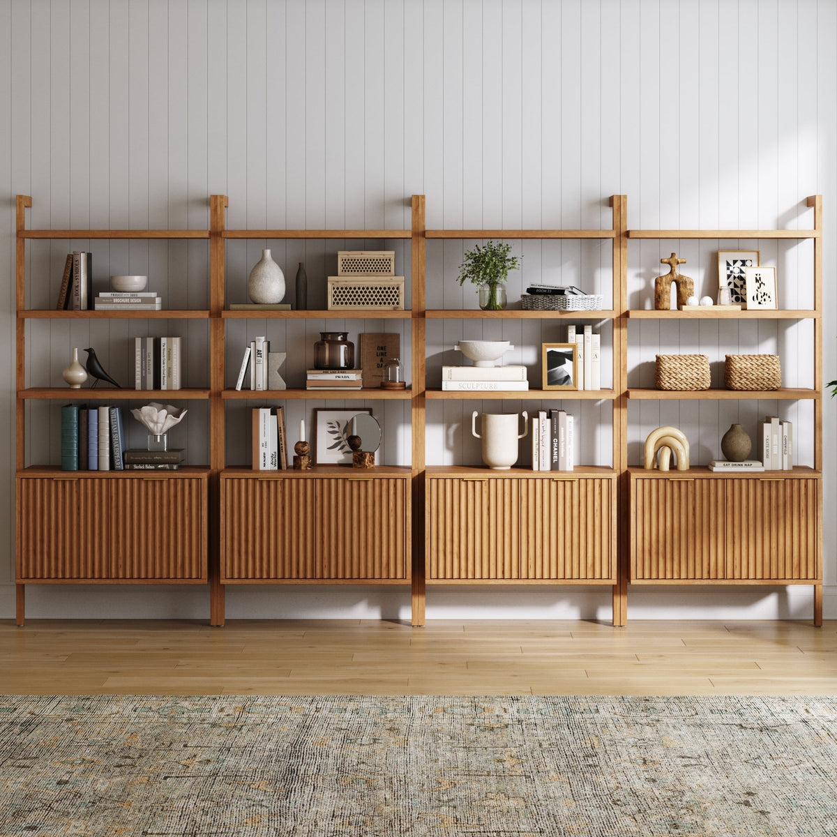 Mid-Century Fluted Wall Bookshelves with Doors Warm Pine (Set of 4)