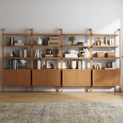 Mid-Century Fluted Wall Bookshelves with Doors Warm Pine (Set of 4)