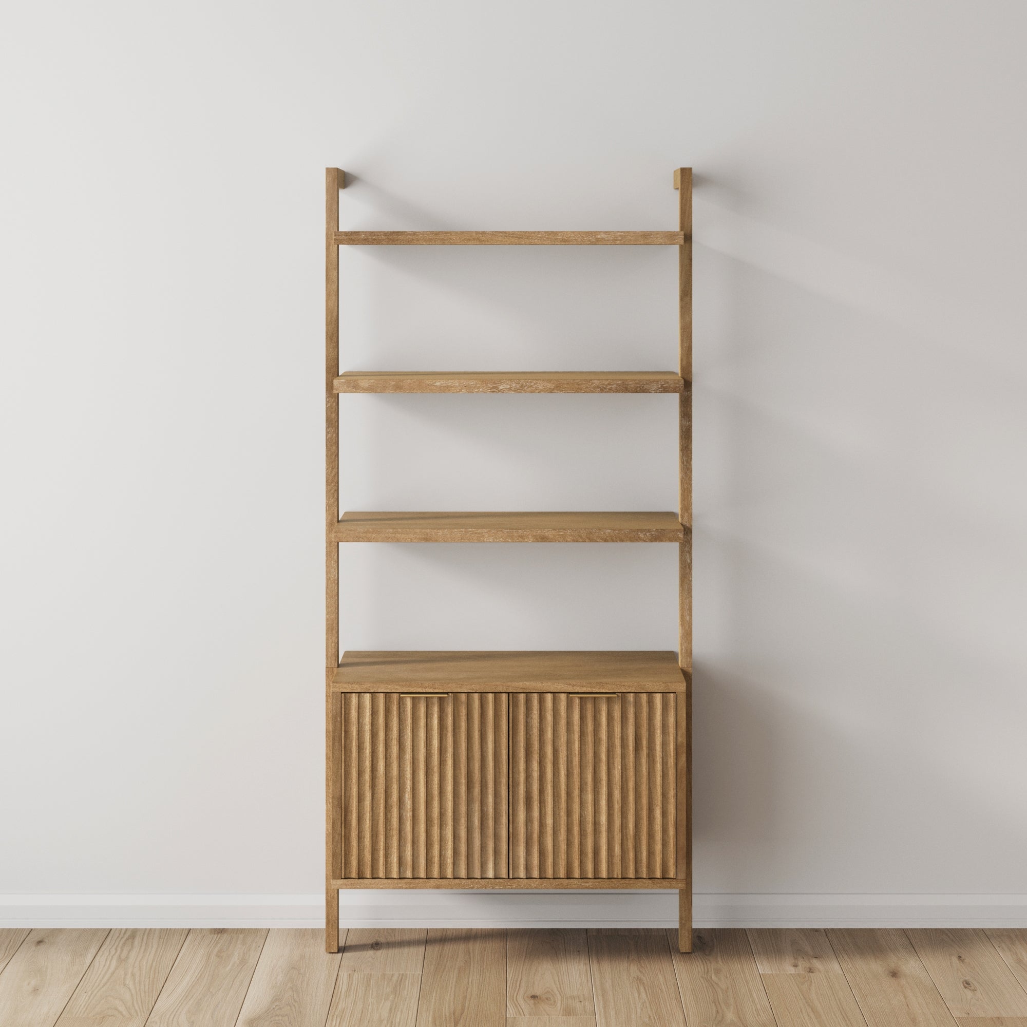Mid-Century Fluted Wall Bookshelf with Doors Light Brown