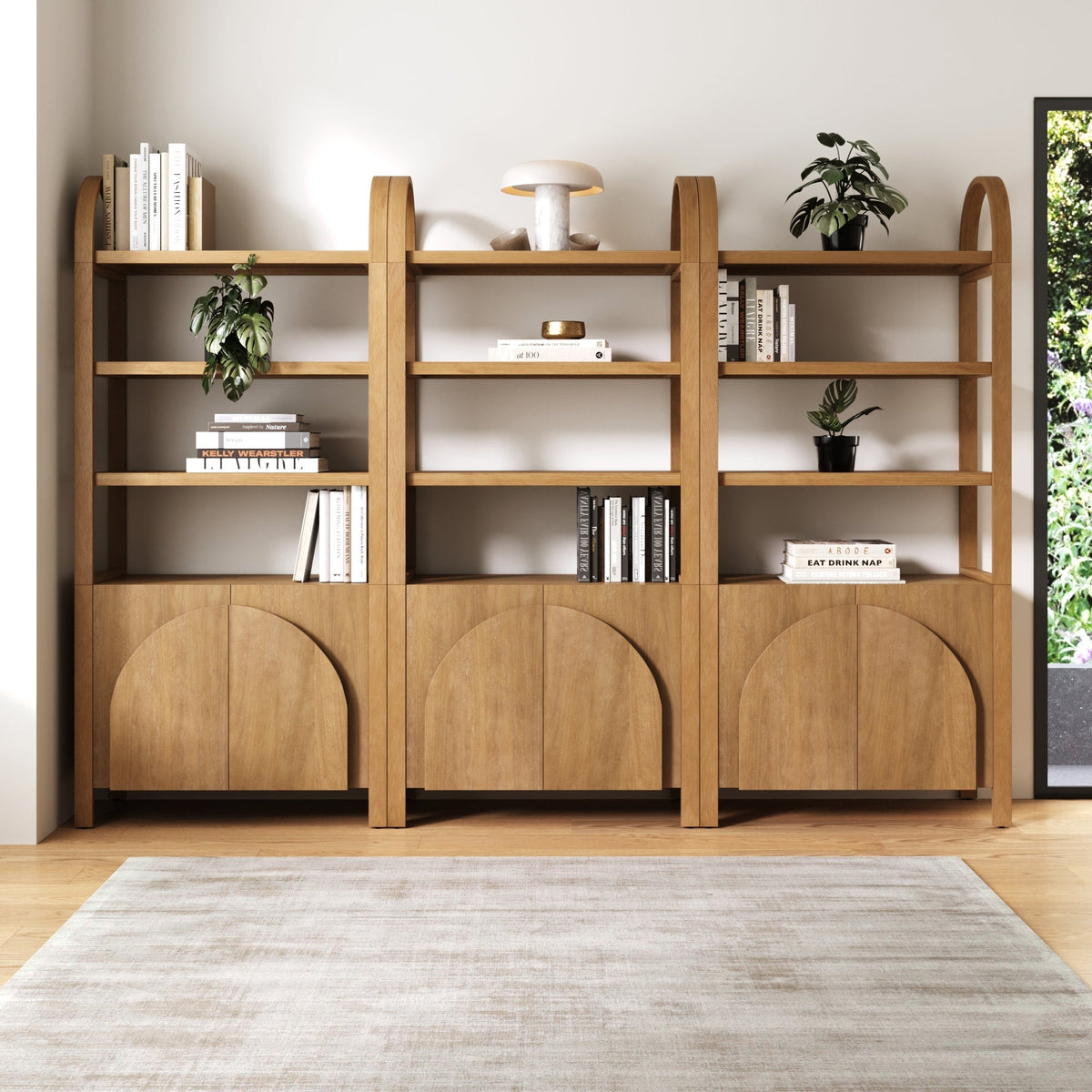 Mid-Century Arched Bookshelves with Doors Light Brown (Set of 3)