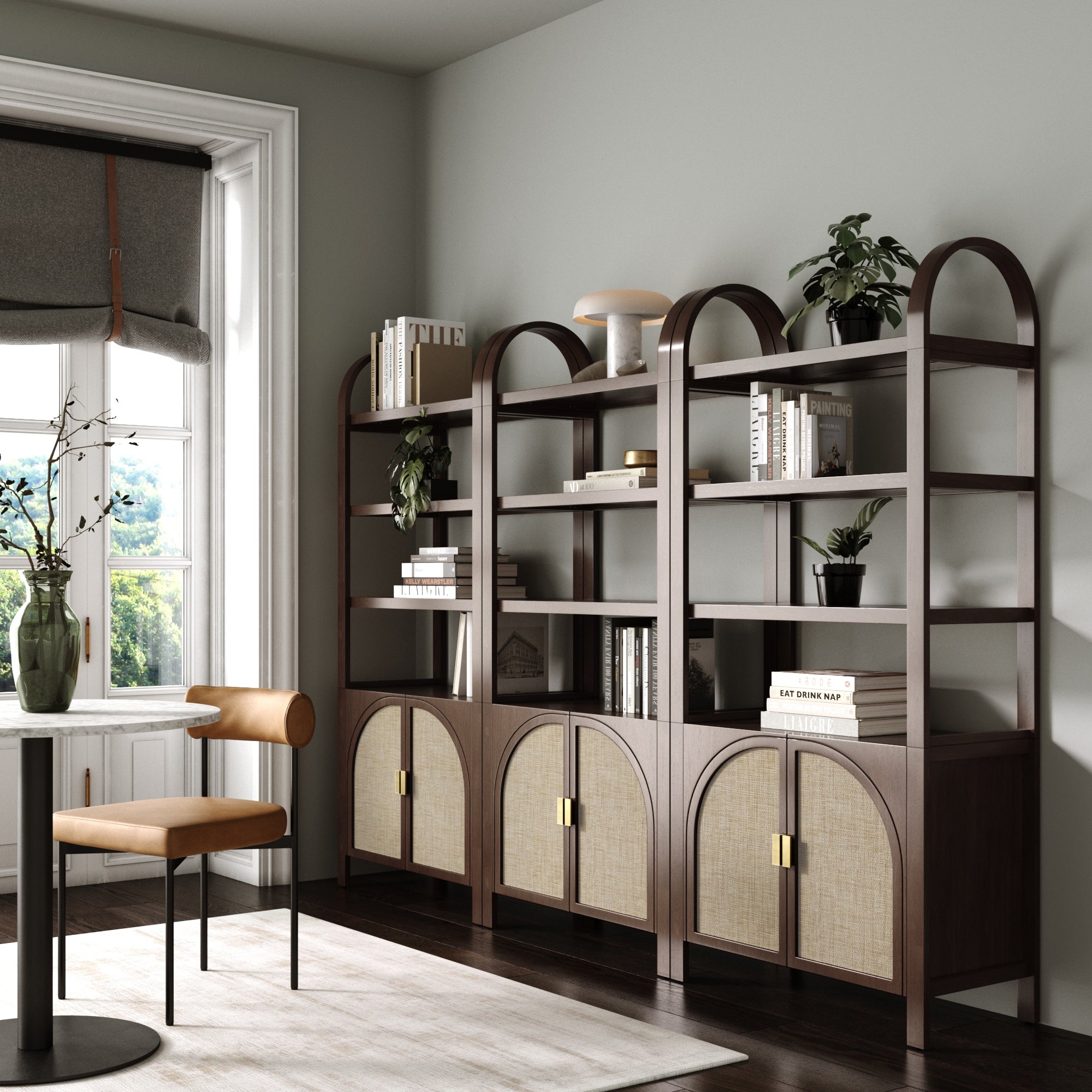 Arched Door Rattan Bookshelf with Doors Dark Acacia (Set of 3)