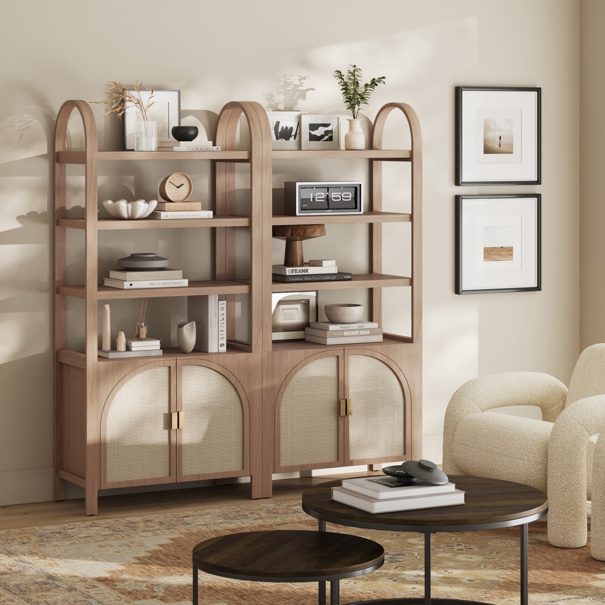 Arched Door Rattan Bookshelf with Doors Raw Oak (Set of 2)