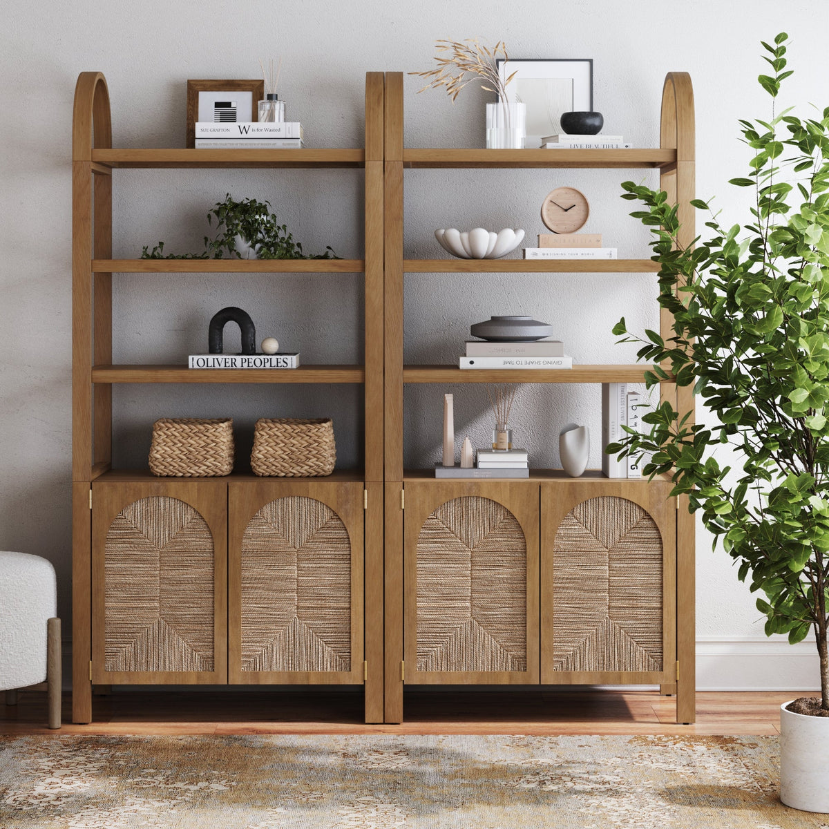 Boho Seagrass Arched Bookshelf Light Brown (Set of 2)