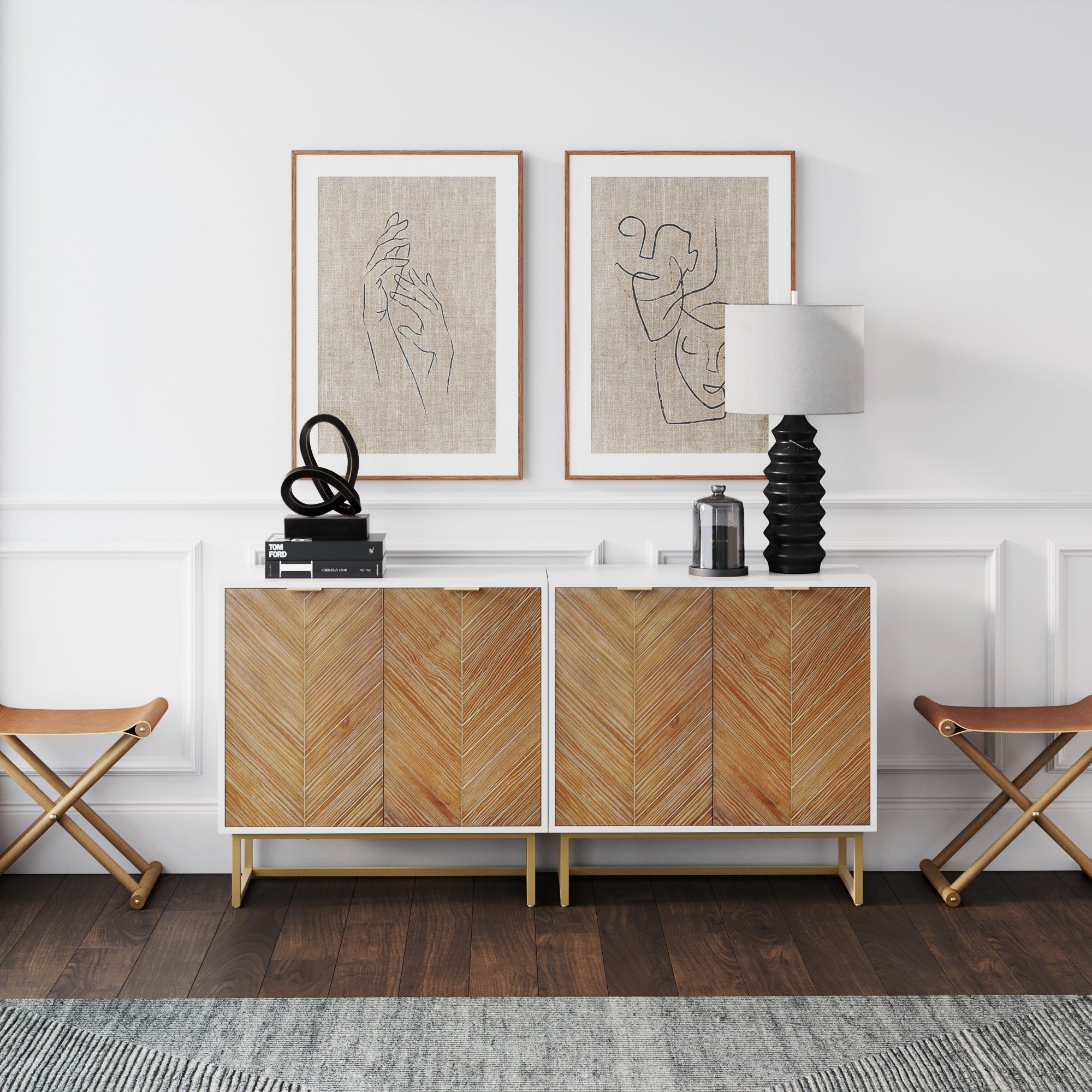 Wood Herringbone TV Console Credenza White (Set of 2)