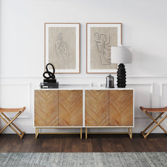 Wood Herringbone TV Console Credenza White (Set of 2)