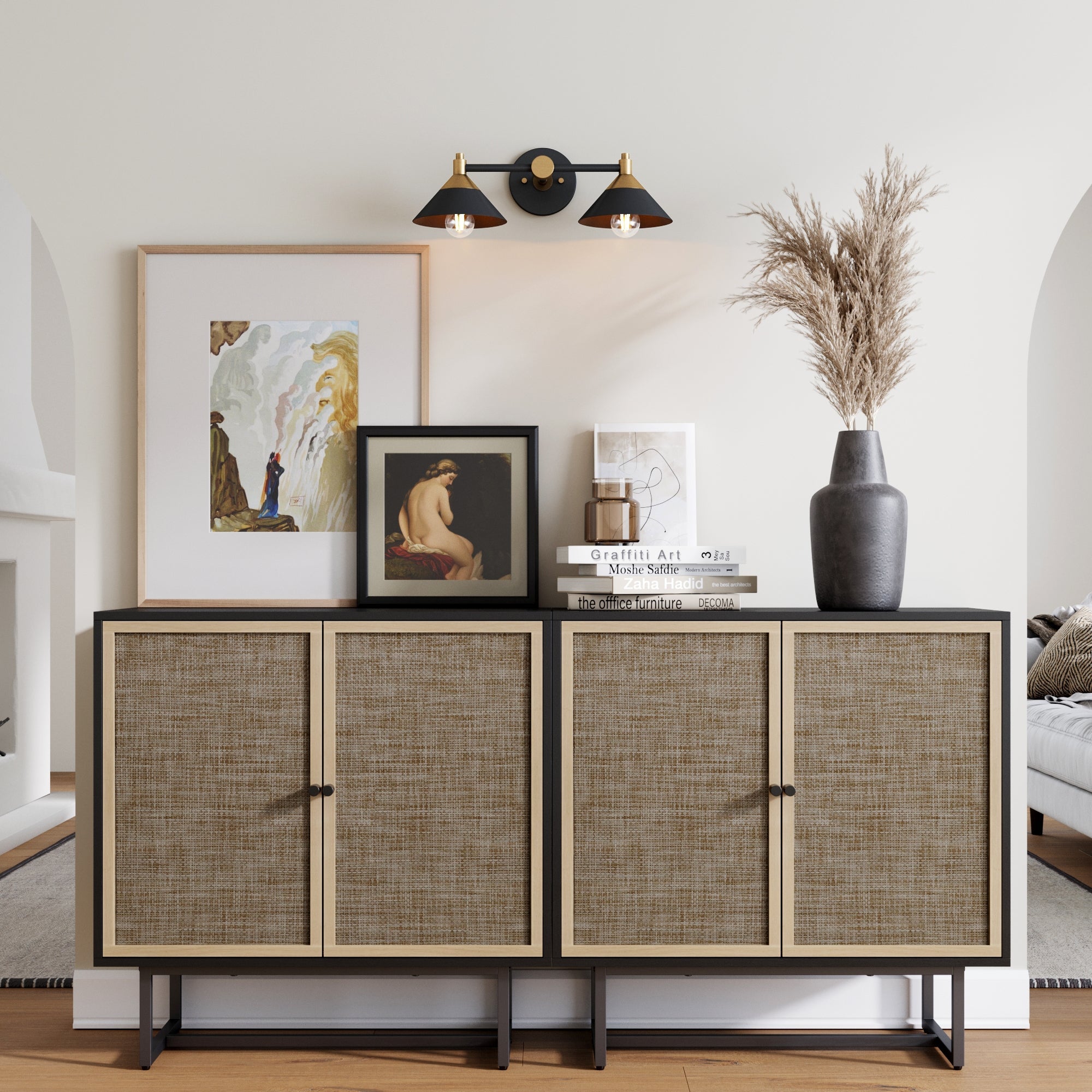 Rattan TV Console Credenza Black (Set of 2)