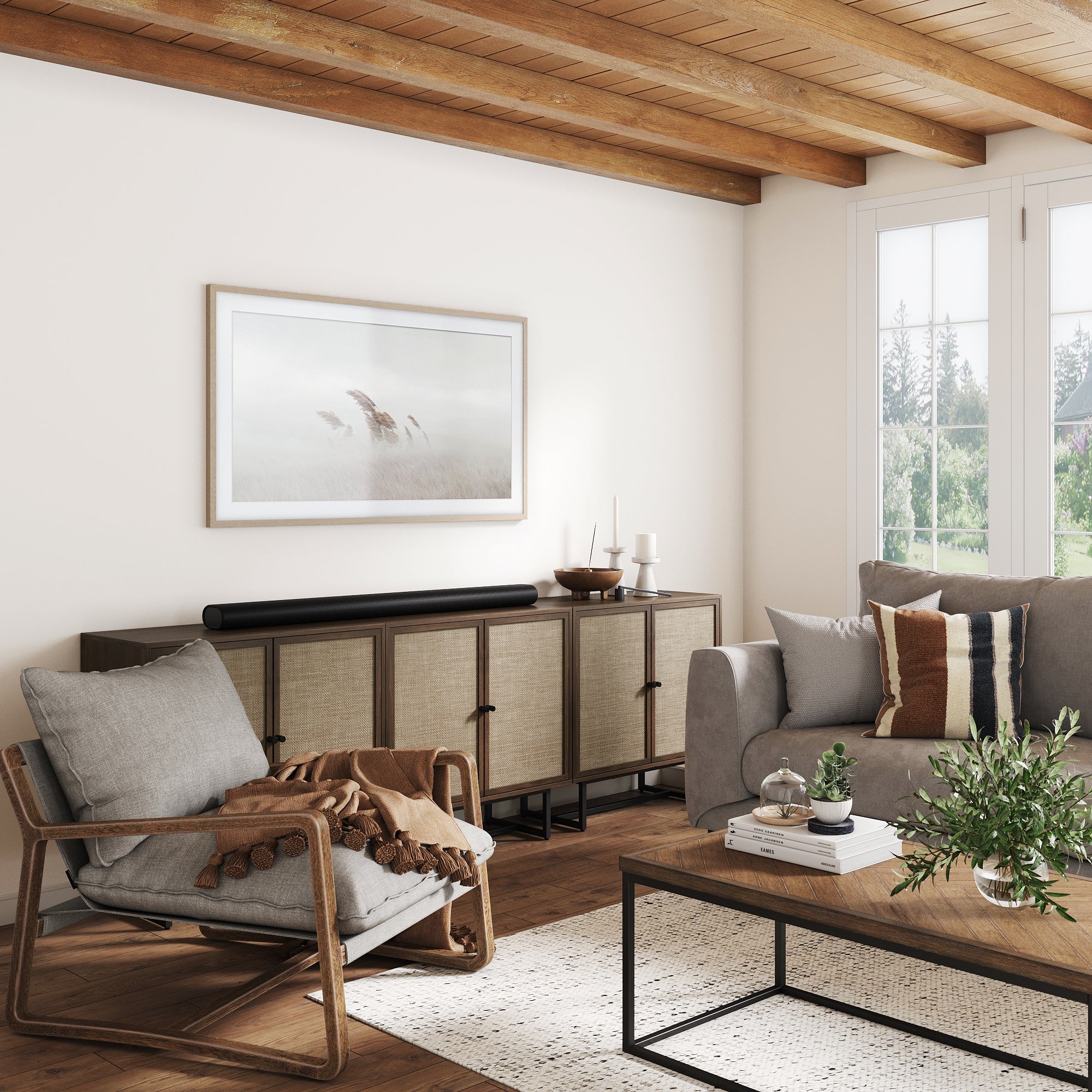 Rattan TV Console Credenza Walnut (Set of 3)