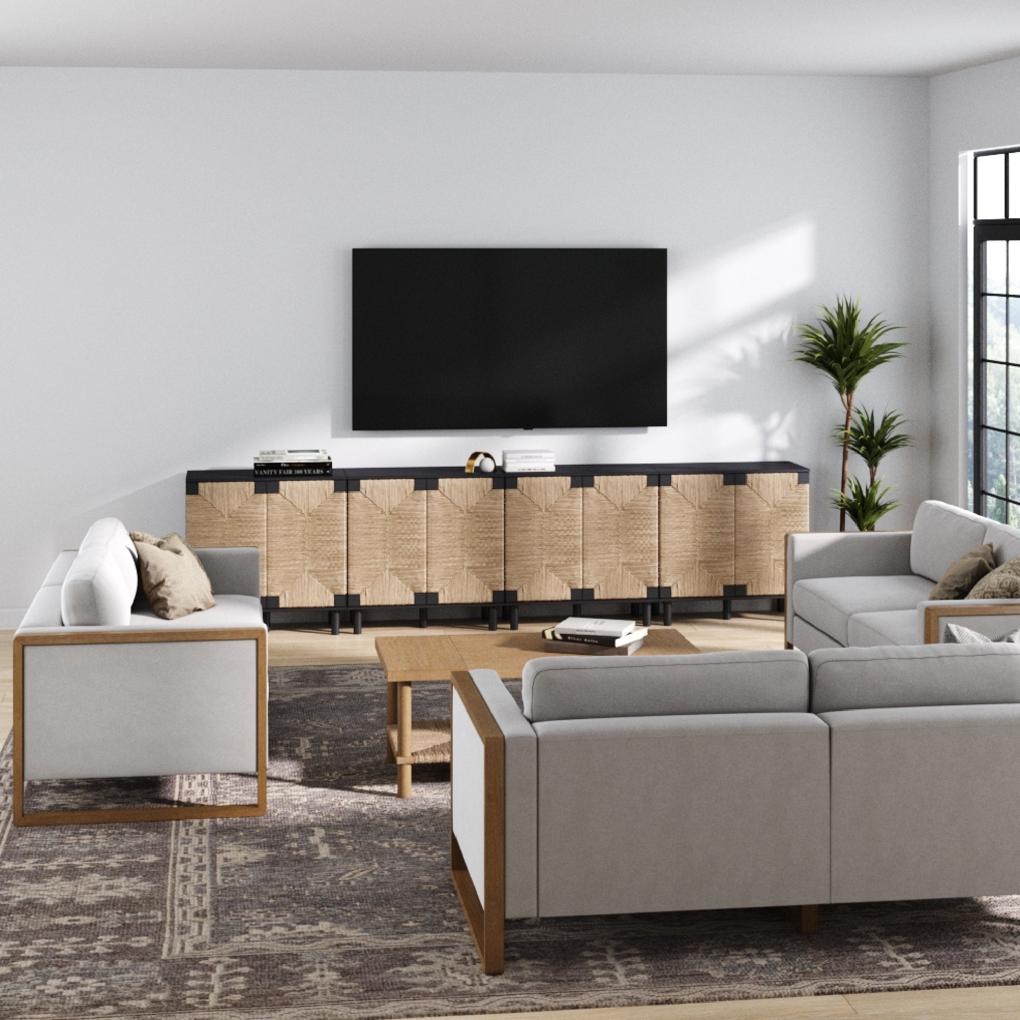 Large Seagrass TV Console Credenza Black (Set of 4)