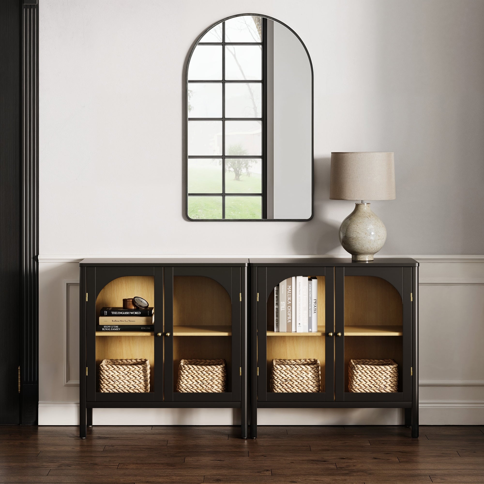 Glass Door TV Console Credenza Black (Set of 2)