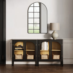 Glass Door TV Console Credenza Black (Set of 2)