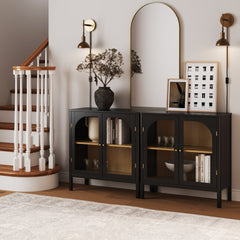 Glass Door TV Console Credenza Black (Set of 2)