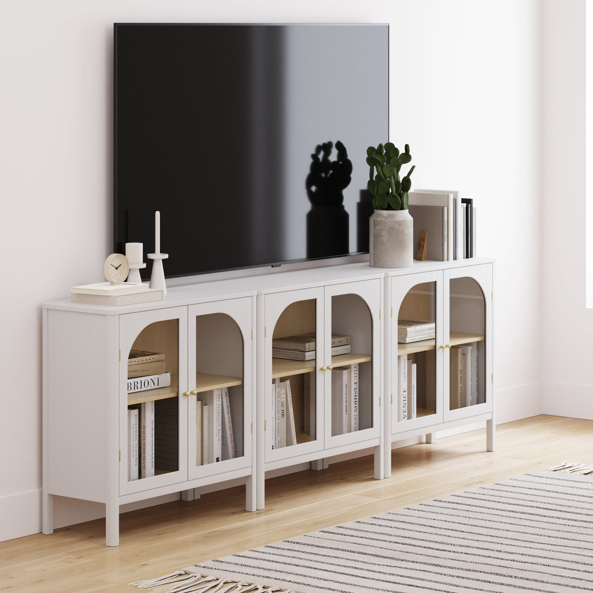 Glass Door TV Console Credenza White (Set of 3)