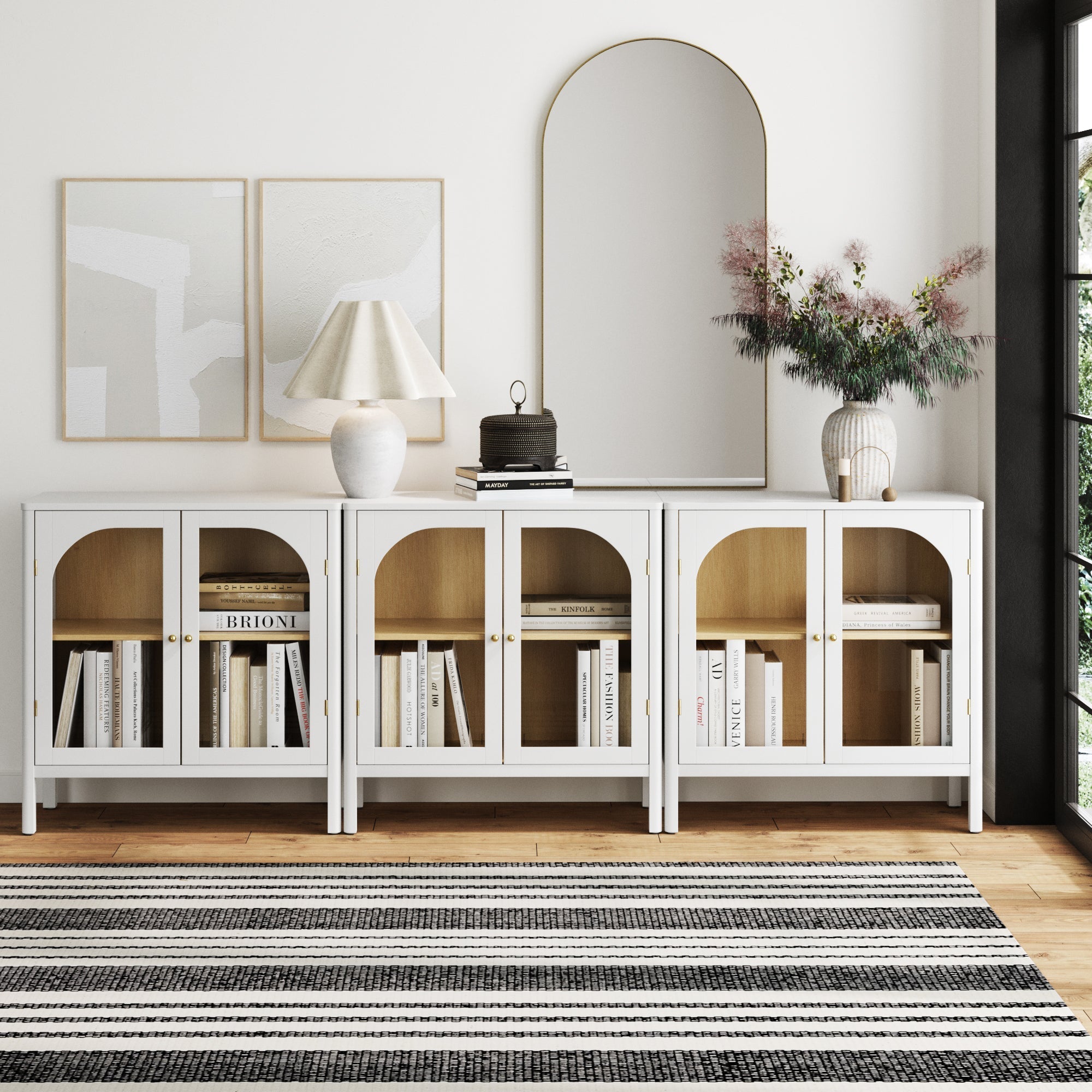 Glass Door TV Console Credenza White (Set of 3)