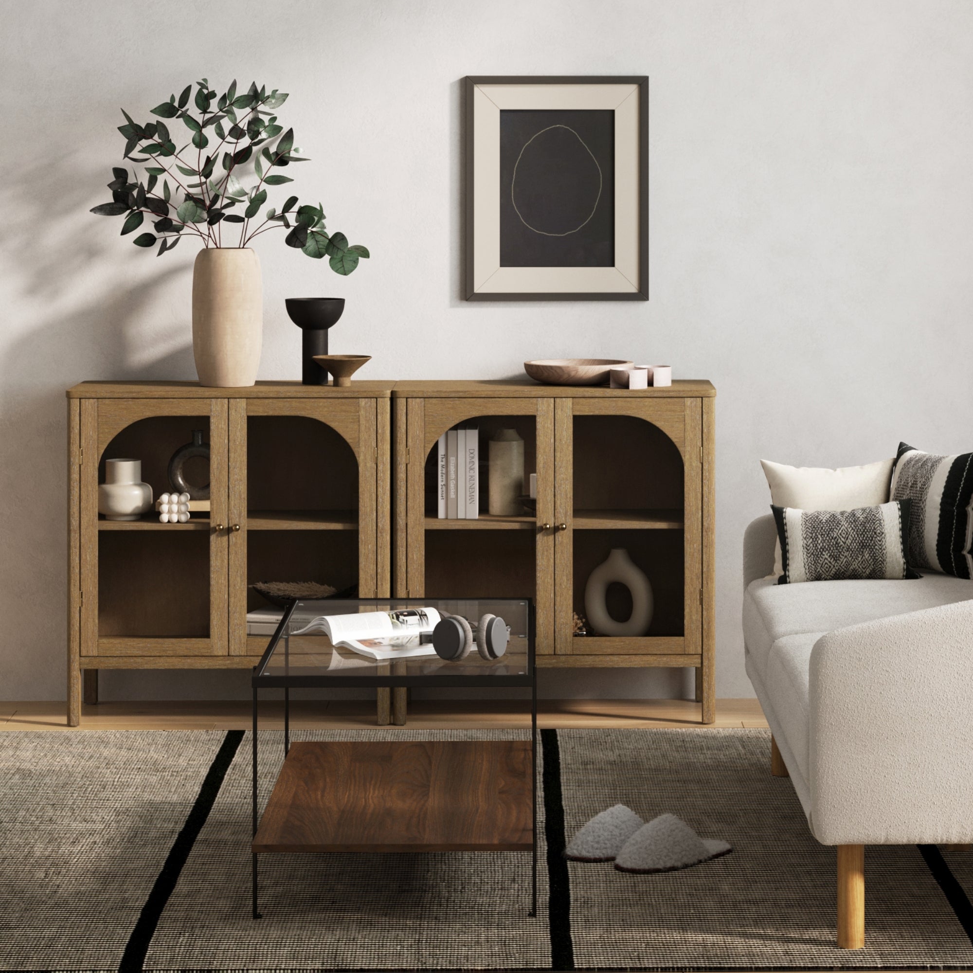 Wood & Glass Door TV Console Credenza Brown (Set of 2)