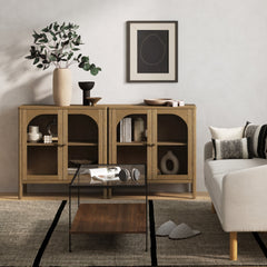 Wood & Glass Door TV Console Credenza Brown (Set of 2)