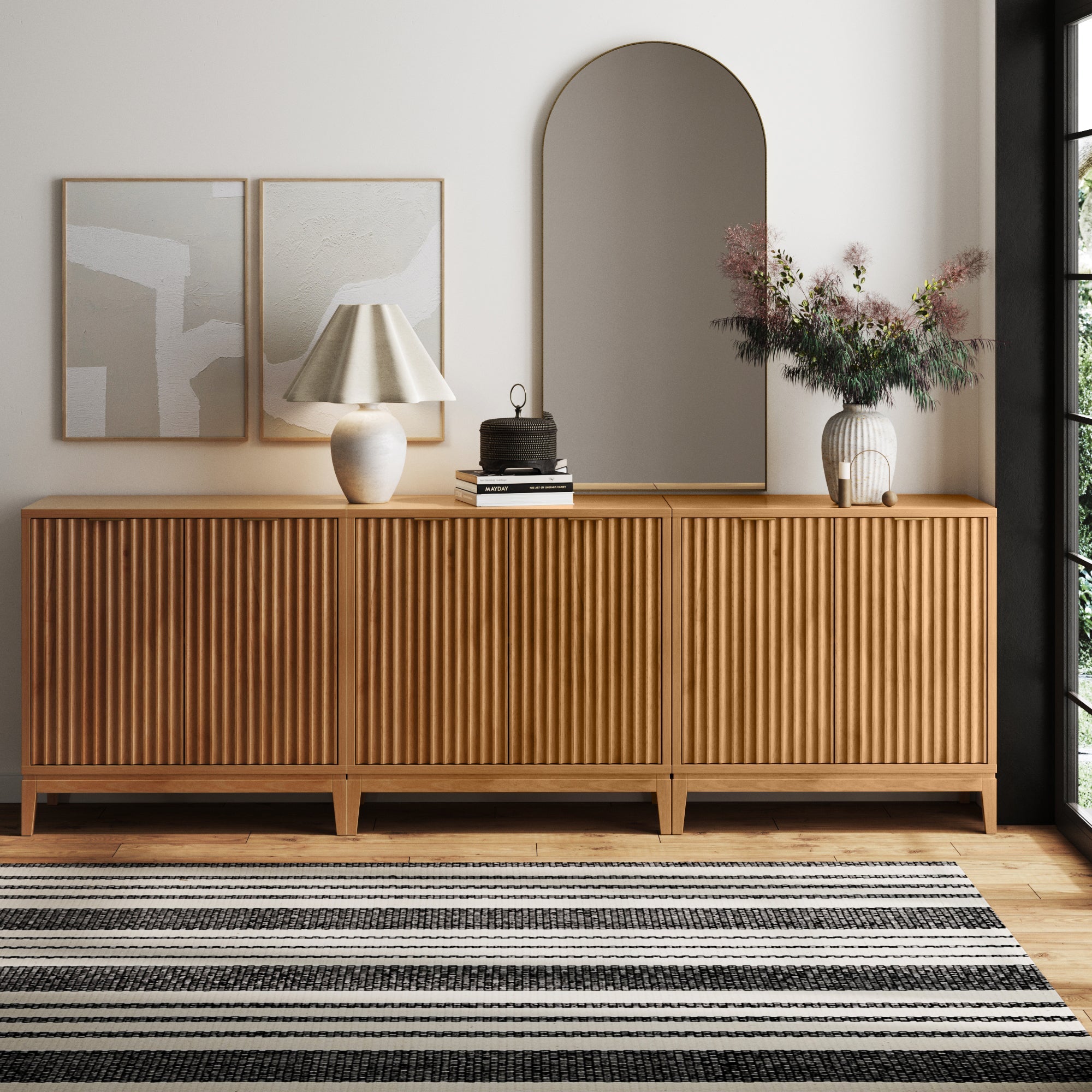 Mid-Century Fluted TV Console Credenza Warm Pine (Set of 3)