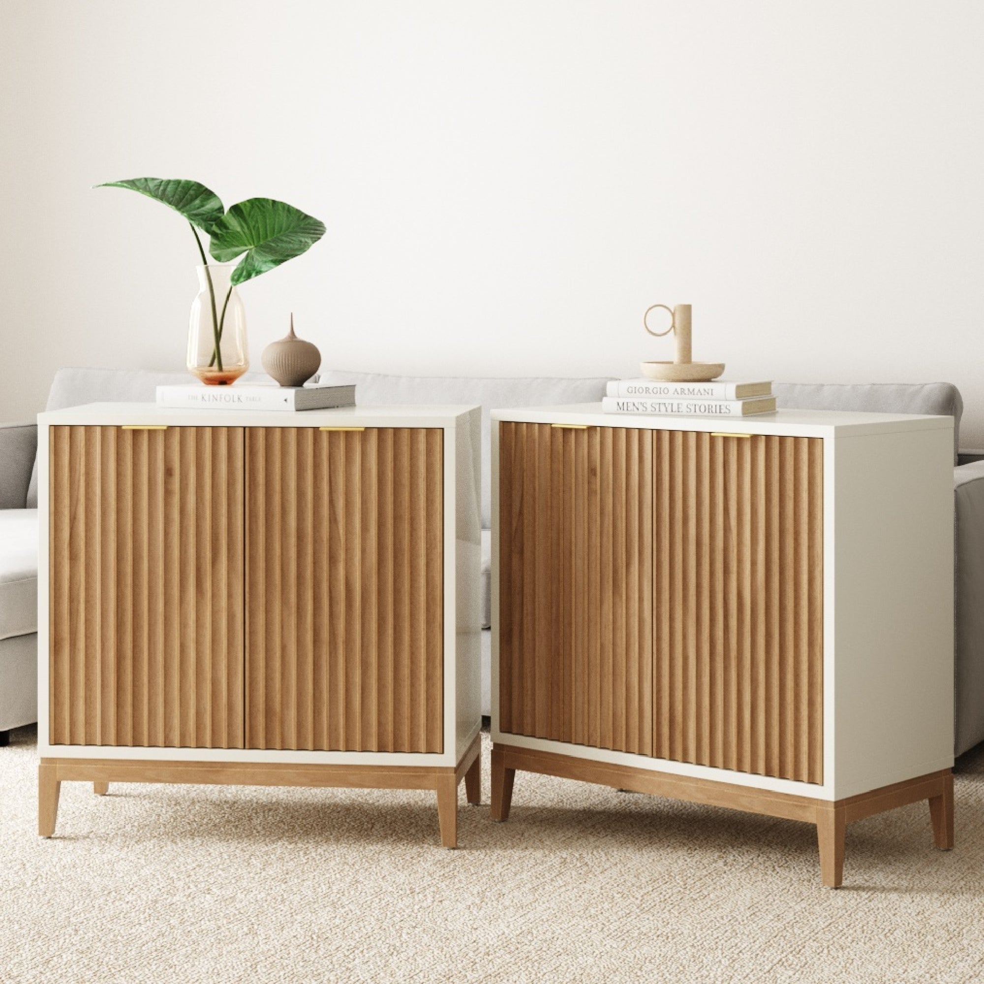 Mid-Century Fluted TV Console Credenza White (Set of 2)