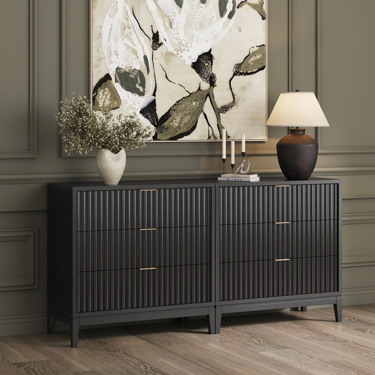 Mid-Century Fluted 3-Drawer Dressers Black (Set of 2)