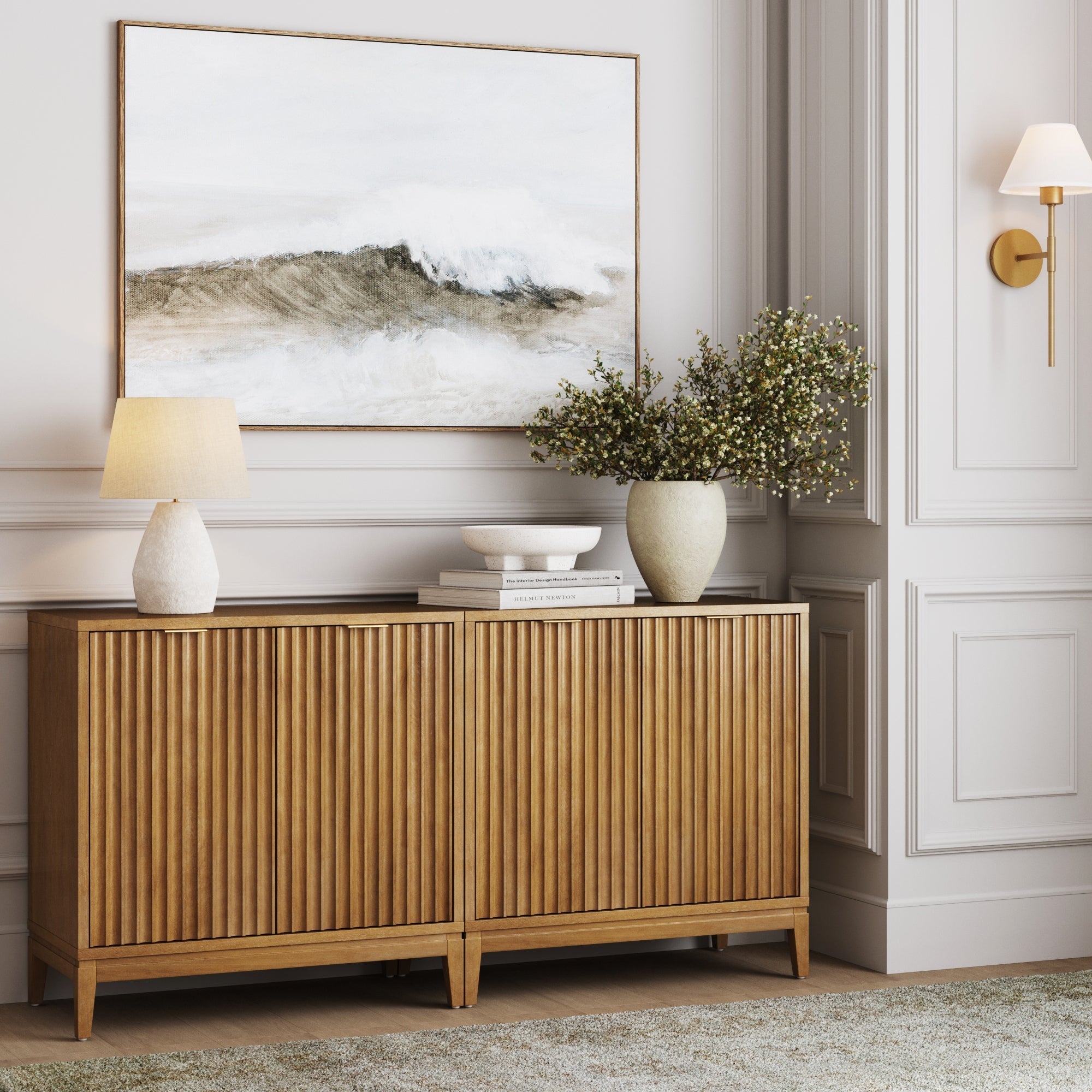 Mid-Century Fluted TV Console Credenza Light Brown (Set of 2)