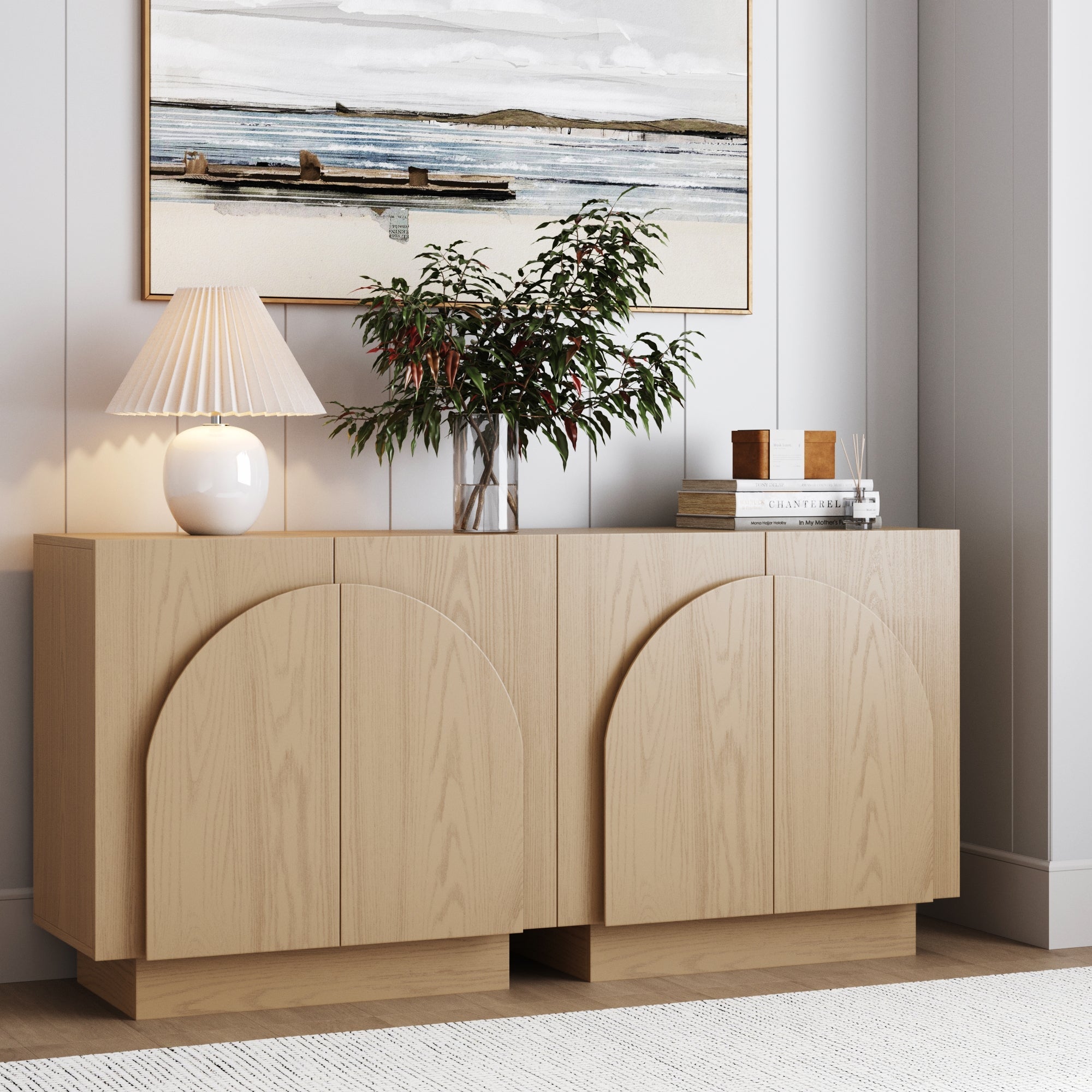 Wood Mid-Century Arched Storage Cabinet Gray Oak (Set of 2)