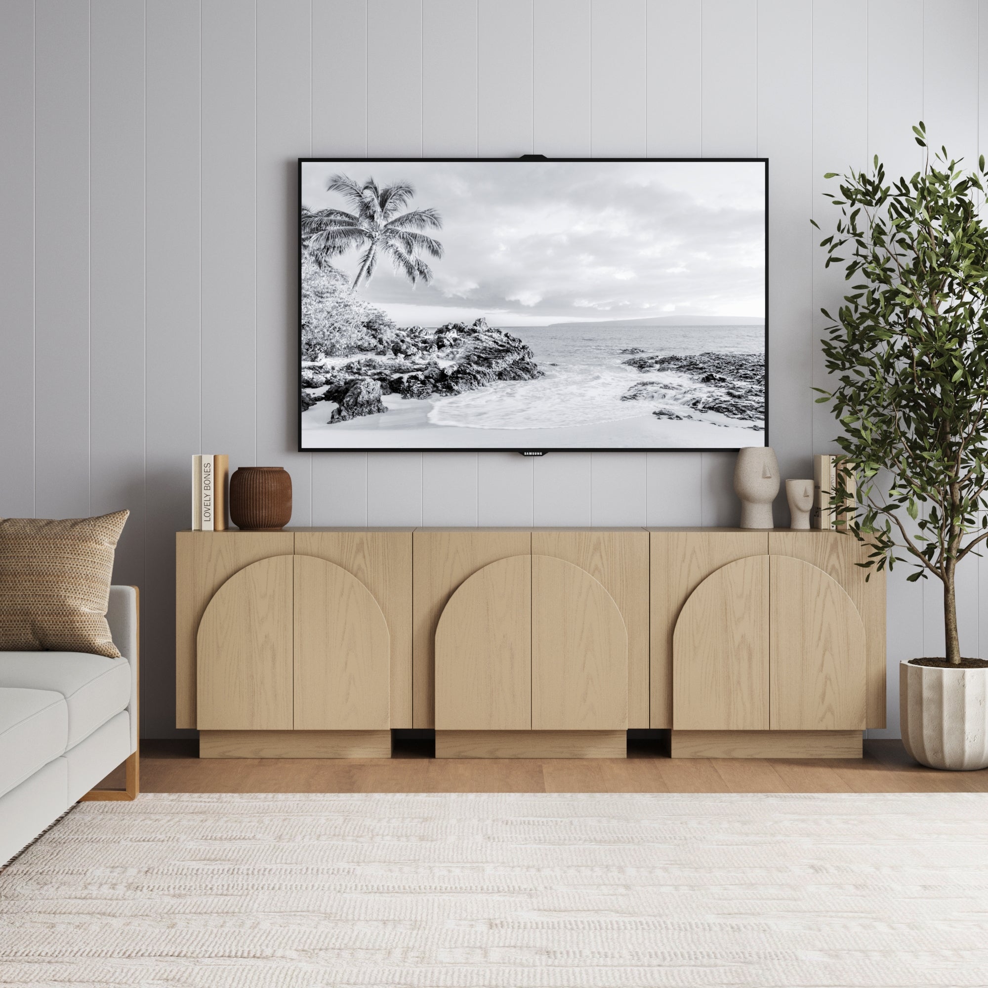 Wood Mid-Century Arched Storage Cabinet Gray Oak (Set of 3)