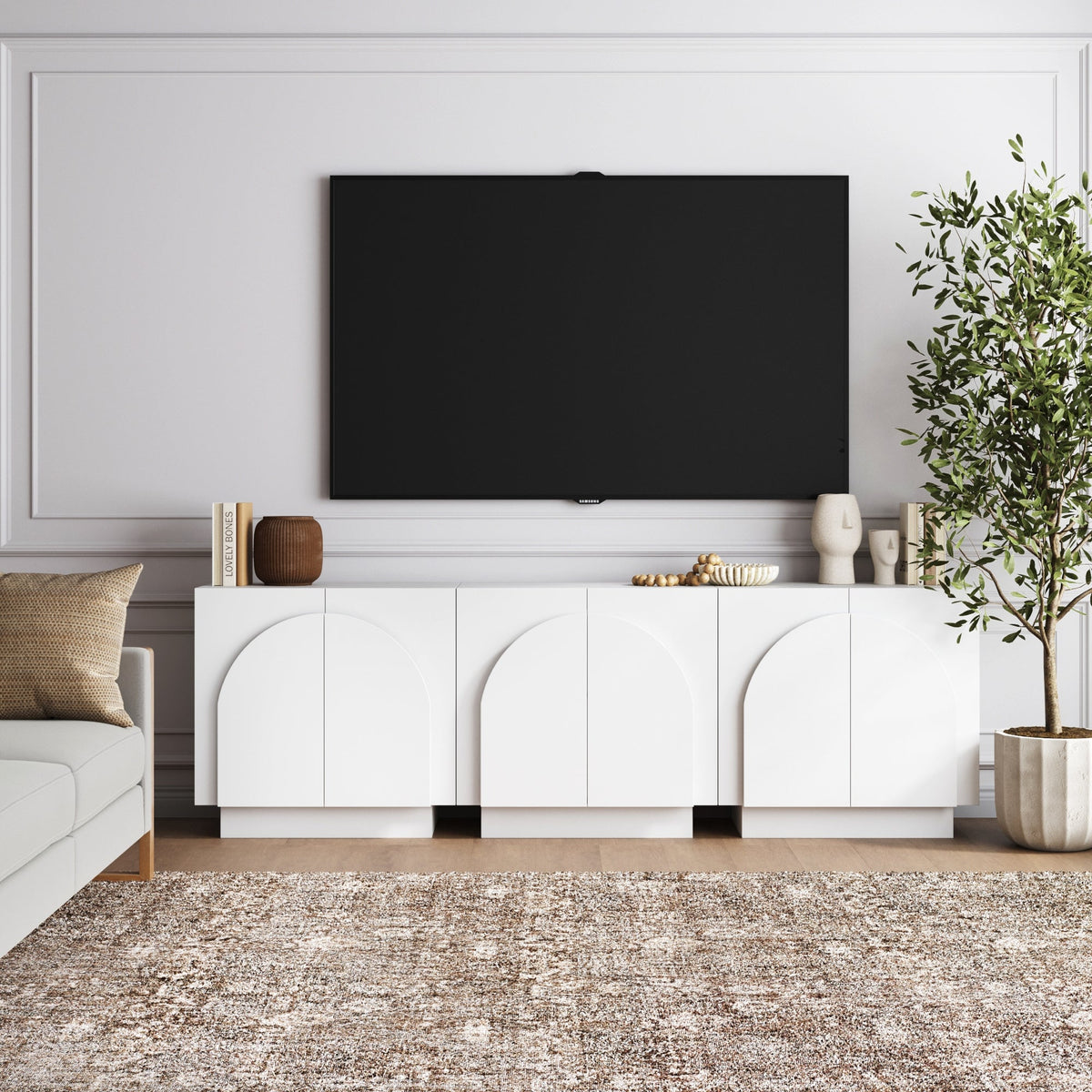 Wood Mid-Century Arched TV Console Credenza White (3 Cabinets)