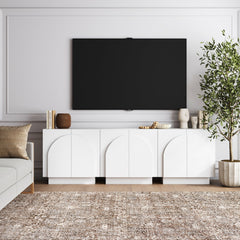 Wood Mid-Century Arched TV Console Credenza White (3 Cabinets)