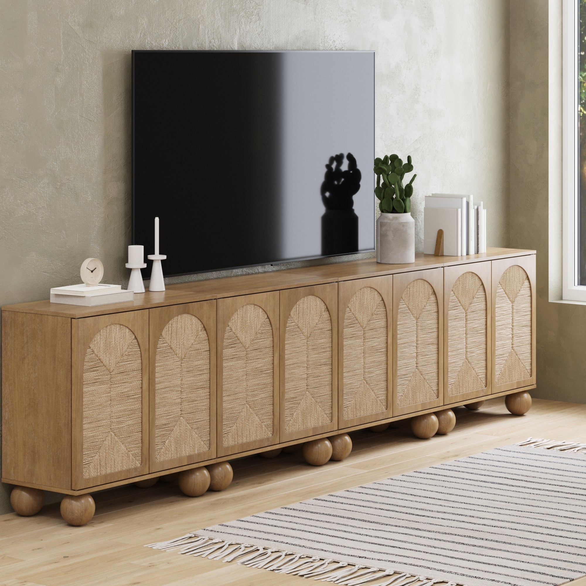 Large Seagrass Arched TV Console Credenza Light Brown (Set of 4)