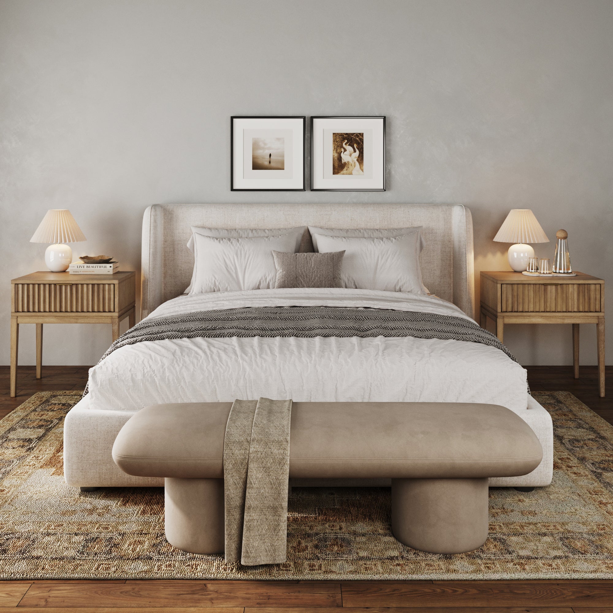 Bohemian Solid Wood Nightstand Set of 2 with Drawer Light Brown