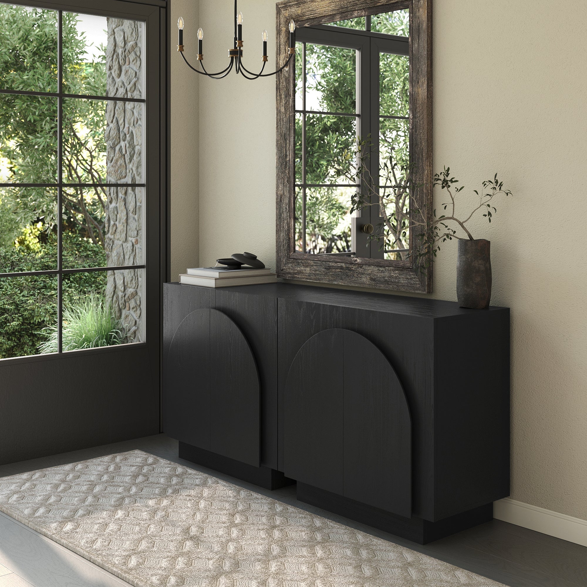 Arched TV Console Credenza Black (Set of 2)